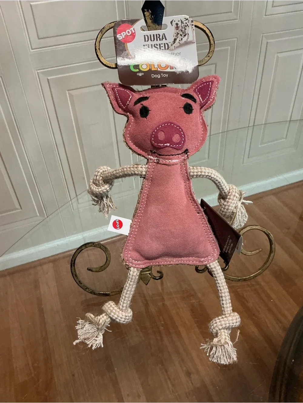 SPOT Dura-Fused Leather Jungle Animals Pig - Dog Toy with Squeakers and Rope 12”